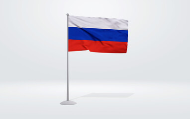 3D illustration of a Russian flag extended on a flagpole and a studio scene in the background.