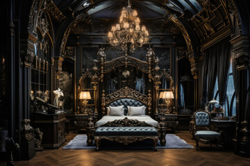 Ethereal Elegance: A Captivating Bedroom Interior in Enchanting Gothic Style, Featuring Ornate Furniture, Dimmed Ambient Lighting, and Intricate Details