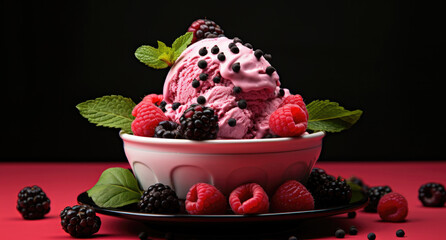 Raspberry ice cream with fresh raspberries and blackberries. created by generative AI technology.