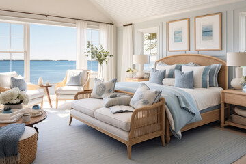 Serenity at Sea: A Coastal Haven with Nautical Accents, Featuring a Tranquil Bedroom Interior, Ocean-Inspired Furniture, and Soft Illumination