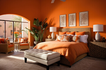 Warm and Inviting Bedroom Interior with a Stunning Burnt Orange Color Scheme, Creating a Cozy and Vibrant Ambiance