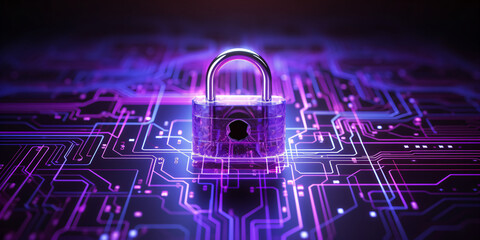 Cyber security concept. Padlock on circuit board background neon 