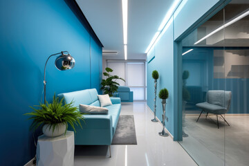 A Captivating Blue Colored Hallway Interior with Modern Design, Illuminated by Soft Natural Light
