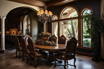 Fototapeta na wymiar A Luxurious Dining Room Interior in Traditional Italian Style with Ornate Furniture and Warm Earth Tones