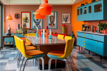 Step into the Groovy Past: A Vibrant Dining Room Interior in Retro 1970s Style, Bursting with Bold Colors and Funky Patterns