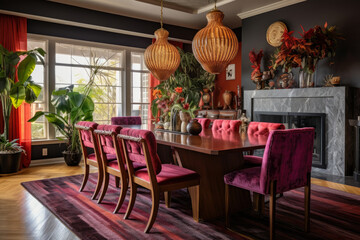 A Luxurious Bohemian Glam Dining Room Interior with Vibrant Colors and Luxurious Textures