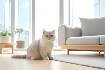 Modern living room interior Cute cat near couch.