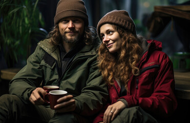 Fototapeta premium Smiling couple sitting in the forest and holding cups of coffee. created by generative AI technology.