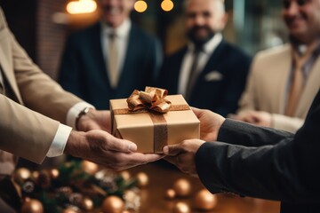 Close-up view of hands Giving a business gift in an office. - obrazy, fototapety, plakaty
