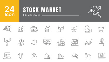 Set of web icons in line style. Stock market icons for web and mobile app. Currency, finance, growth, chart, etc.