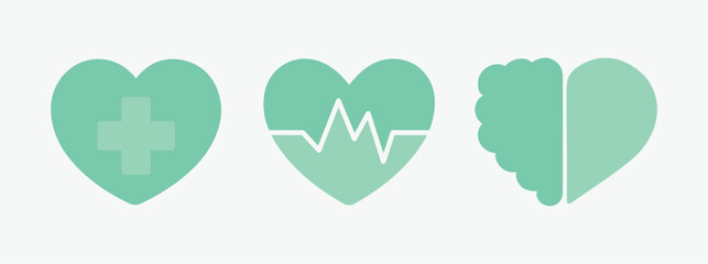 Medicine, mental health, brain, heart healthy. Doctor, medicinal, hospital, nurse. Vector, illustration, icon, set. Heartbeat symbol