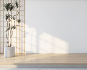 Minimalist empty room with white wall Inside there are wooden floors and indoor green plant. 3D rendering