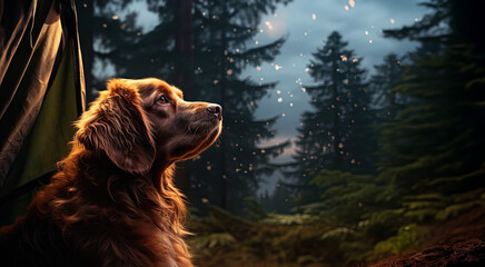 Golden Retriever dog in a tent in the forest at night. created by generative AI technology.
