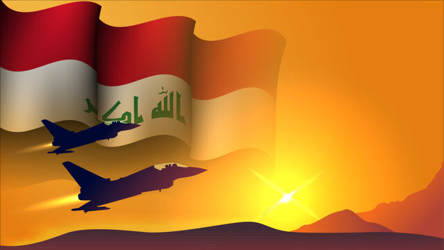 fighter jet plane with iraq waving flag background design with sunset view suitable for national iraq air forces day event - Powered by Adobe