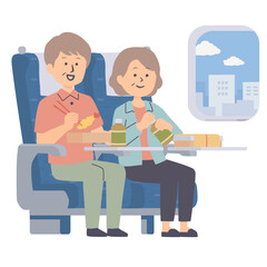 新幹線の中で駅弁を食べるシニアのイラスト