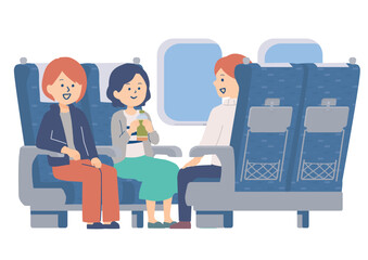 新幹線で旅行に行くグループのイラスト