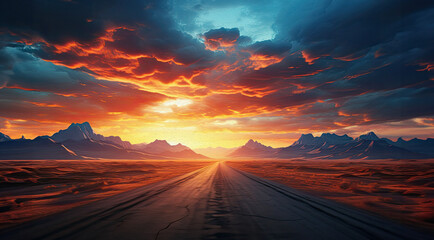 Road in the desert at sunset through the clouds. created by generative AI technology.