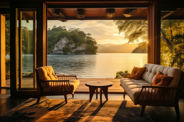 Fototapeta premium Furniture in a luxury resort with a lake ,golden light, luxurious, travel photography, wood, tropical landscapes.