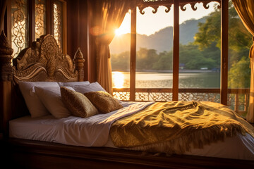 View from a bedroom overlooking a body of water, vacation lodging room surrounded by natural beauty. Luxury bed vacation.