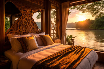 View from a bedroom overlooking a body of water, vacation lodging room surrounded by natural beauty. Luxury bed vacation.