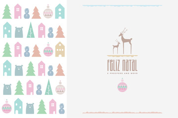 Postal de Feliz Natal e Ano Novo em motivos nordicos e cores pastel. Recurso grafico vetorial.