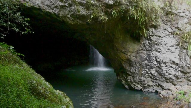 Natural Bridge in Springbrook National Park, Australia. Waterfall falls through the roof of a cave.