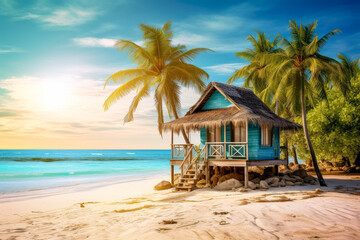 Tropical beach with wooden wooden huts, cottages on a beach in the pacific ocean.