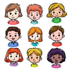Cartoon children avatars set. Cute faces of boys and girls with different