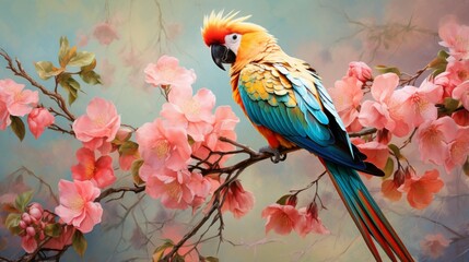a colorful parrot perched on a blossoming branch, its vibrant feathers contrasting beautifully with the foliage