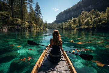 beautiful woman in canoe kayaking in Canadian lake. - obrazy, fototapety, plakaty