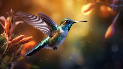 Fototapeta premium a delicate hummingbird hovering in mid-air, its iridescent feathers shimmering in the sunlight