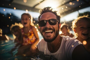 Group of happy young friends having fun in swimming pool at summer