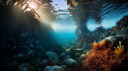 Fototapeta na wymiar a dense kelp forest beneath the surface of the ocean, teeming with a diverse array of marine life