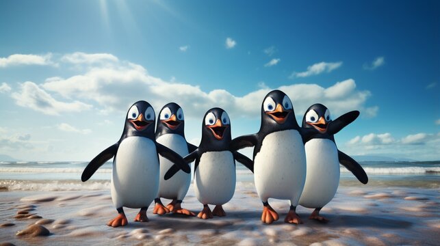 a group of playful penguins waddling along the shore, their comical antics bringing a smile to the viewer's face