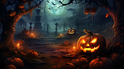 Pumpkins burning in forest at night   halloween background