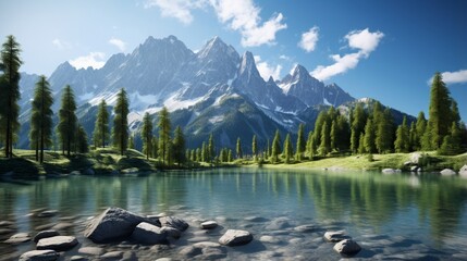 a pristine mountain lake with crystal-clear waters, reflecting the surrounding peaks and forested slopes - Powered by Adobe