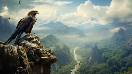 a regal eagle perched high on a cliff, overlooking a vast, rugged landscape below