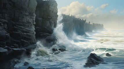 a rugged coastal cliff with crashing waves below, illustrating the relentless erosion and sculpting of coastlines by the sea