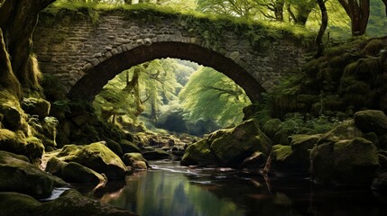 a secluded and moss-covered stone bridge spanning a gentle stream, with arching branches forming a...