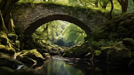 Foto op Canvas a secluded and moss-covered stone bridge spanning a gentle stream, with arching branches forming a natural canopy © ra0