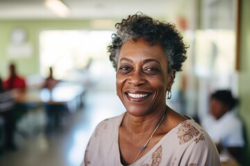 Smiling portrait of a happy senior africna american woman in a nursing home