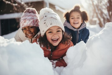 Fototapeta na wymiar Happy and diverse young group of kids and children playing in the snow during winter