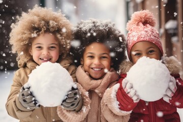 Happy and diverse young group of kids and children playing in the snow during winter