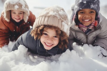 Fototapeta na wymiar Happy and diverse young group of kids and children playing in the snow during winter