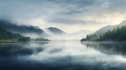 a serene and mist-covered mountain lake at sunrise, with the first light of day breaking through the clouds