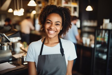 Smiling portrait of a happy female african american barista working in a cafe or bar