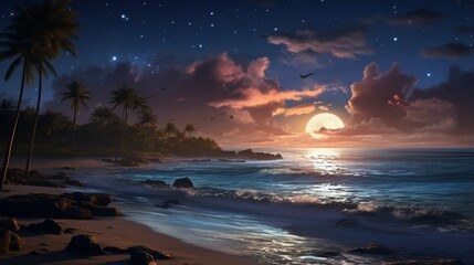 a serene moonlit beach, with waves gently lapping the shore under a star-studded sky