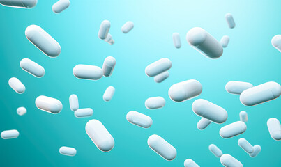 Blue and white pills in the air  flying over blue background, capsules falling down.