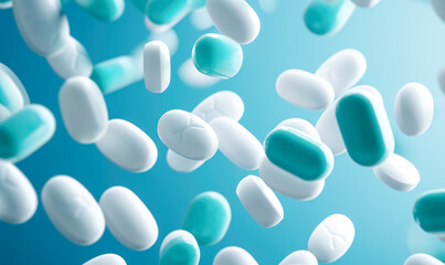 Blue and white pills in the air  flying over blue background, capsules falling down.