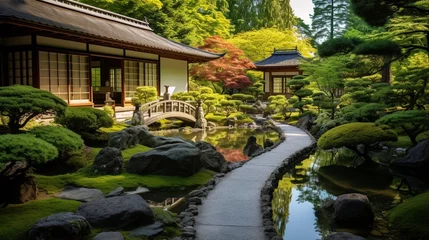 Tuinposter a tranquil Japanese garden, with meticulously raked gravel paths, bonsai trees, and a koi pond © ra0